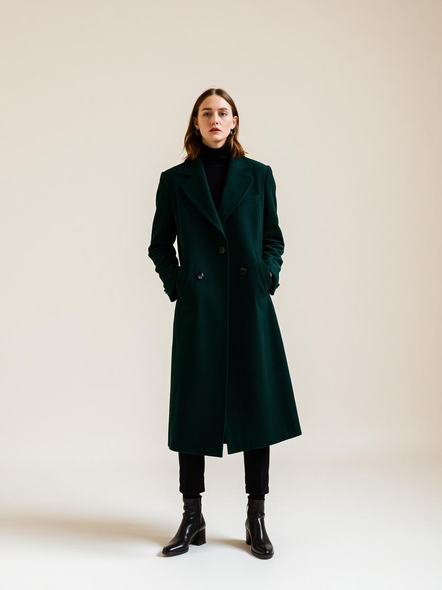 Model wearing a deep forest green tailored wool coat