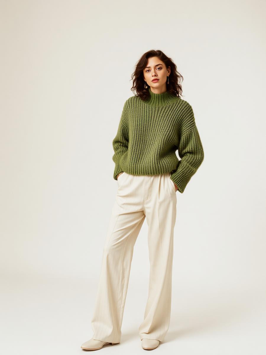 Model in moss green knitwear with cream wide-leg trousers
