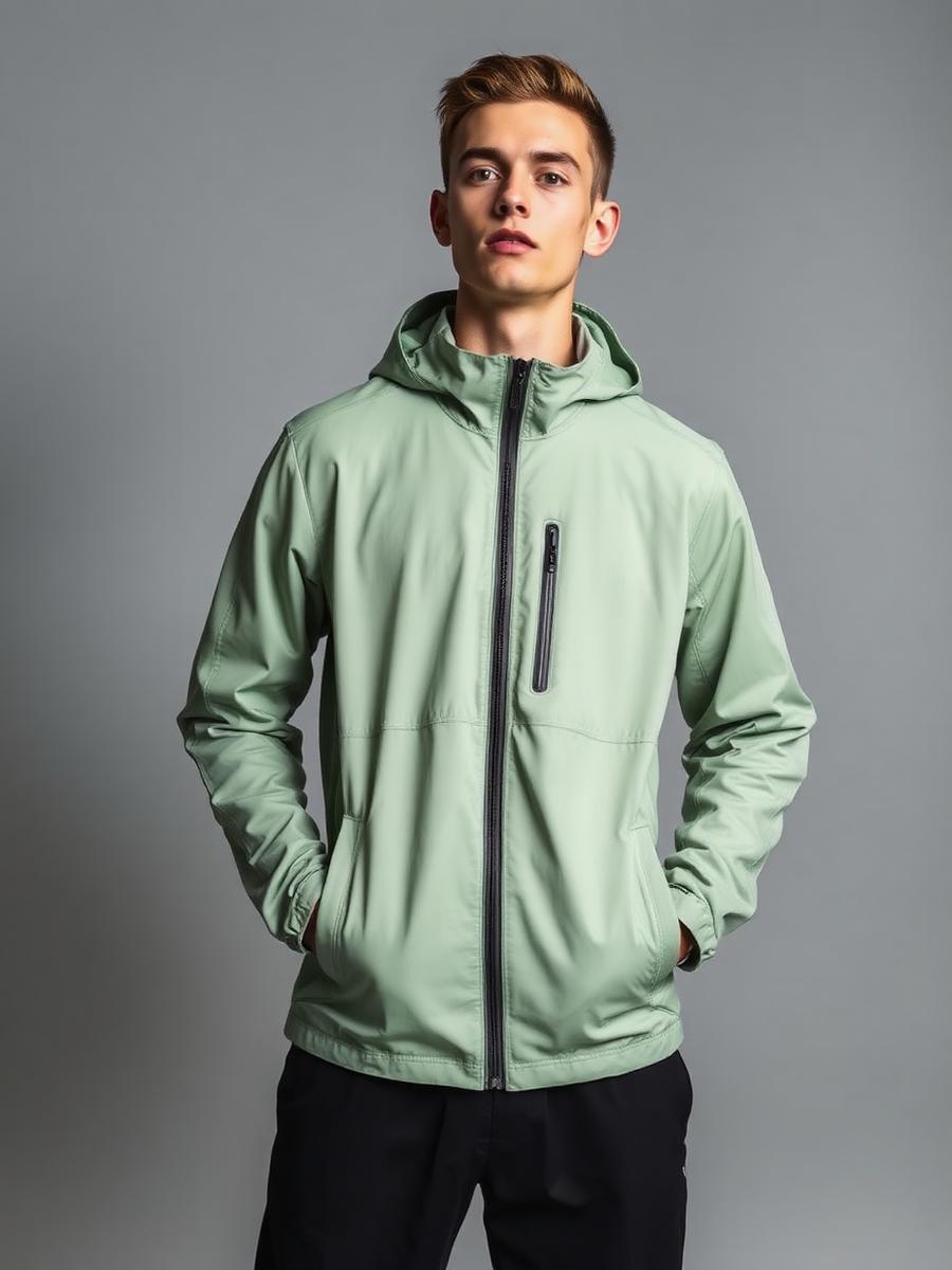 Model in a sage technical performance jacket