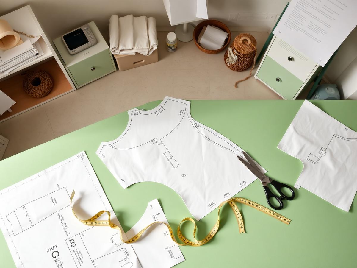 Paper garment patterns, shears and measuring tape on a cutting table