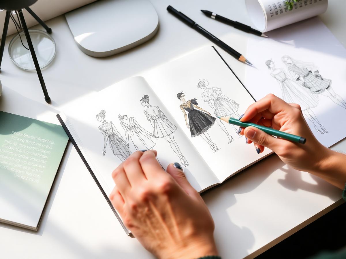 Designer sketching garment silhouettes in a notebook
