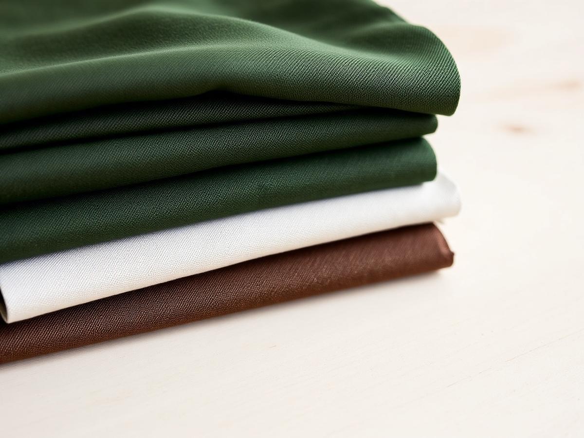 Stacked fabric swatches in forest, cream and brown